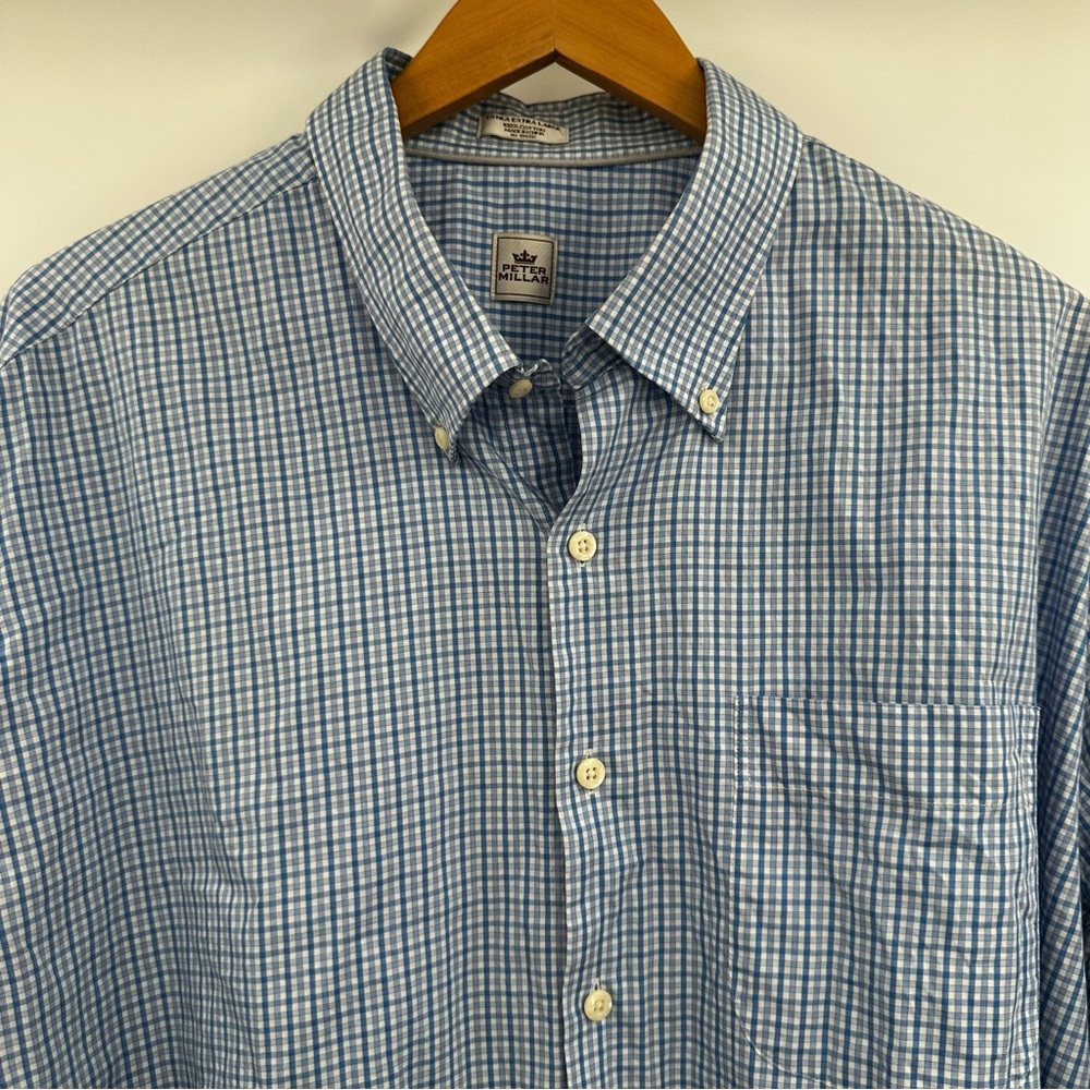 Peter Millar Mens Shirt (2XL)XXL Blue White Long Sleeve‎ Check Button Down